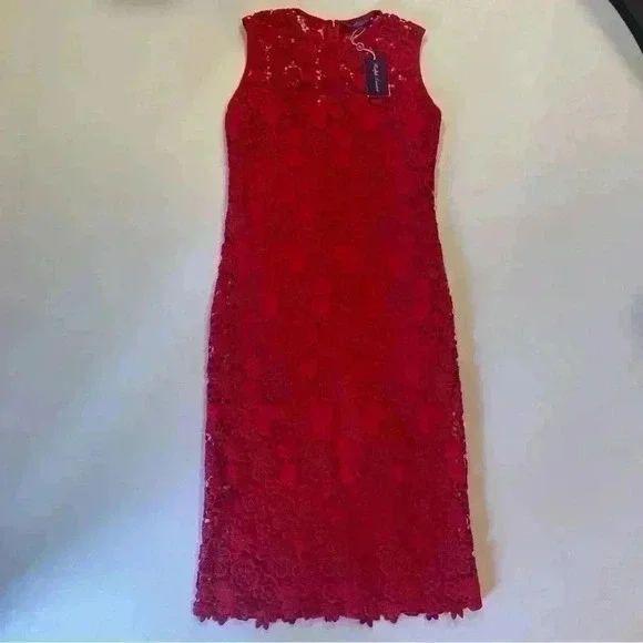 Ralph Lauren Collection Purple Label Embroidered Lace Red Midi Dress 10 M $2990